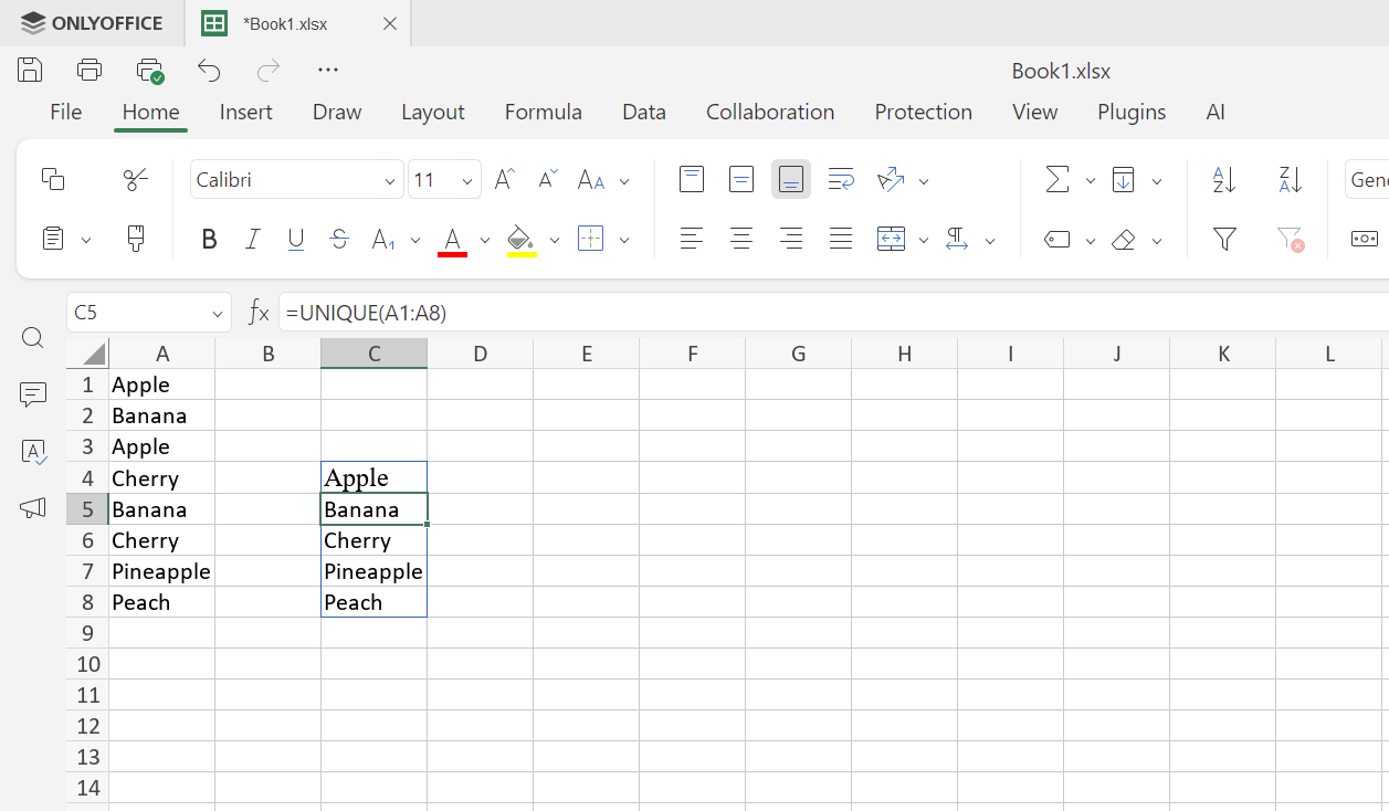 BENZERSİZ fonksiyonu ile tekrarlayan verileri temizleme - ONLYOFFICE