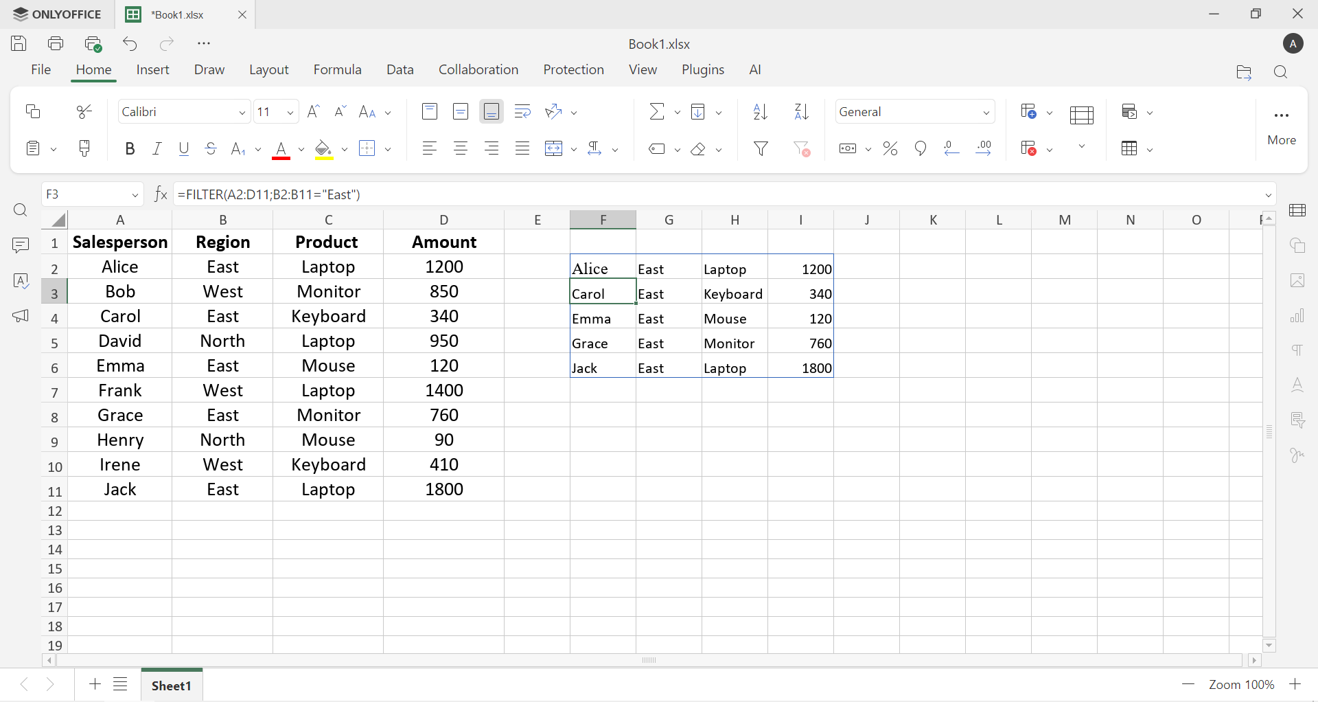 FİLTRE fonksiyonu ile veri süzme örneği - ONLYOFFICE E-Tablo