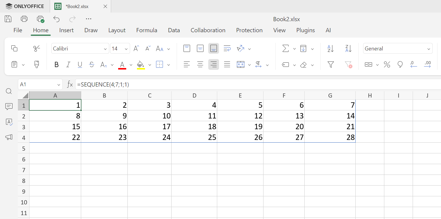 SERİ fonksiyonu ile ardışık sayı dizisi - ONLYOFFICE E-Tablo