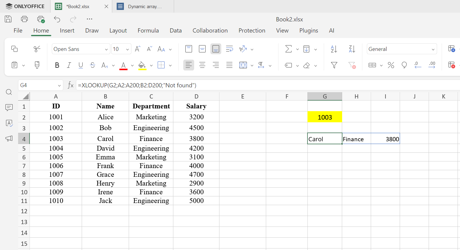 XARA (XLOOKUP) fonksiyonu modern arama - ONLYOFFICE E-Tablo