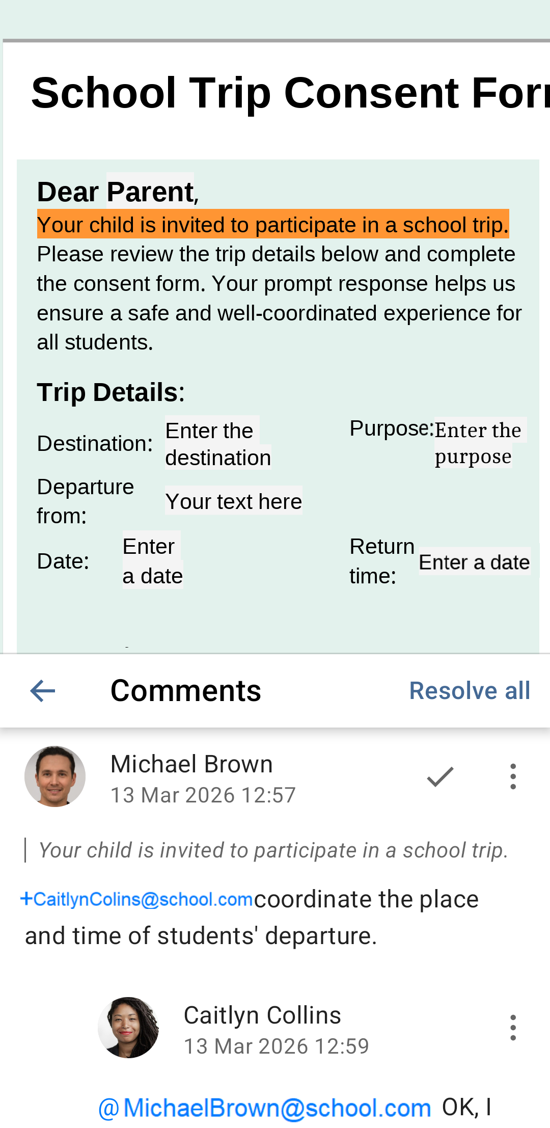ONLYOFFICE Android uygulamasında kullanıcı etiketleme