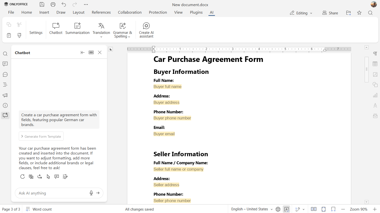 ONLYOFFICE AI ile form alanı oluşturma