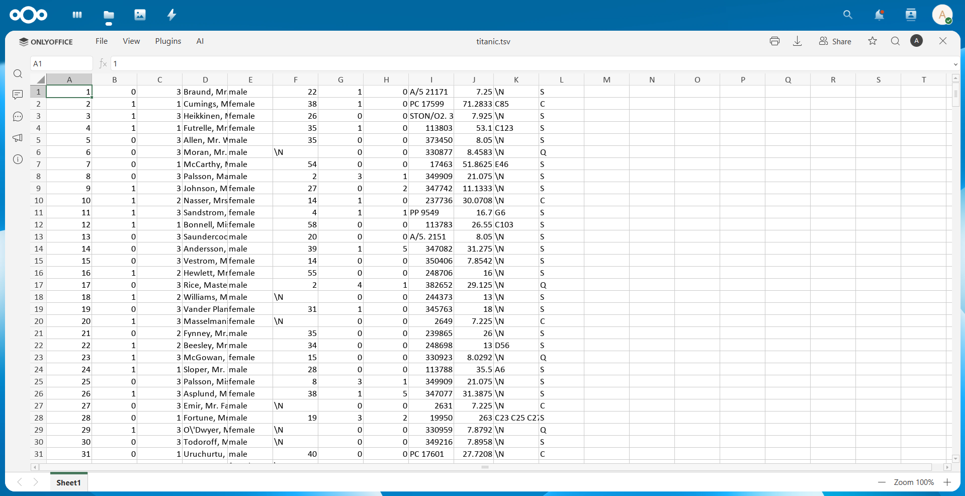 Nextcloud içinde ONLYOFFICE ile TSV dosyası açma