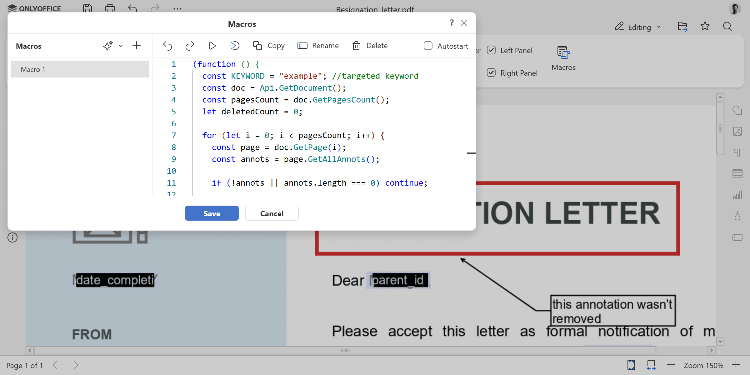 ONLYOFFICE PDF API ile anahtar kelimeye göre ek açıklama silme